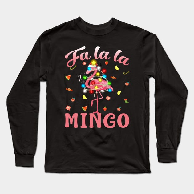 Fa La La Mingo Flamingo Christmas Tree Lights Tropical Xmas T-Shirt Long Sleeve T-Shirt by intelus